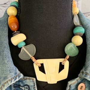 Artisan Hand Carved Bone Pendant Stone Beaded Chunky Necklace